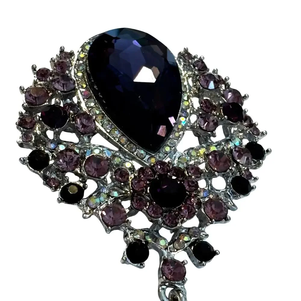Vintage inspired brooch huge silver pink & purple rhinestones Victorian Empire